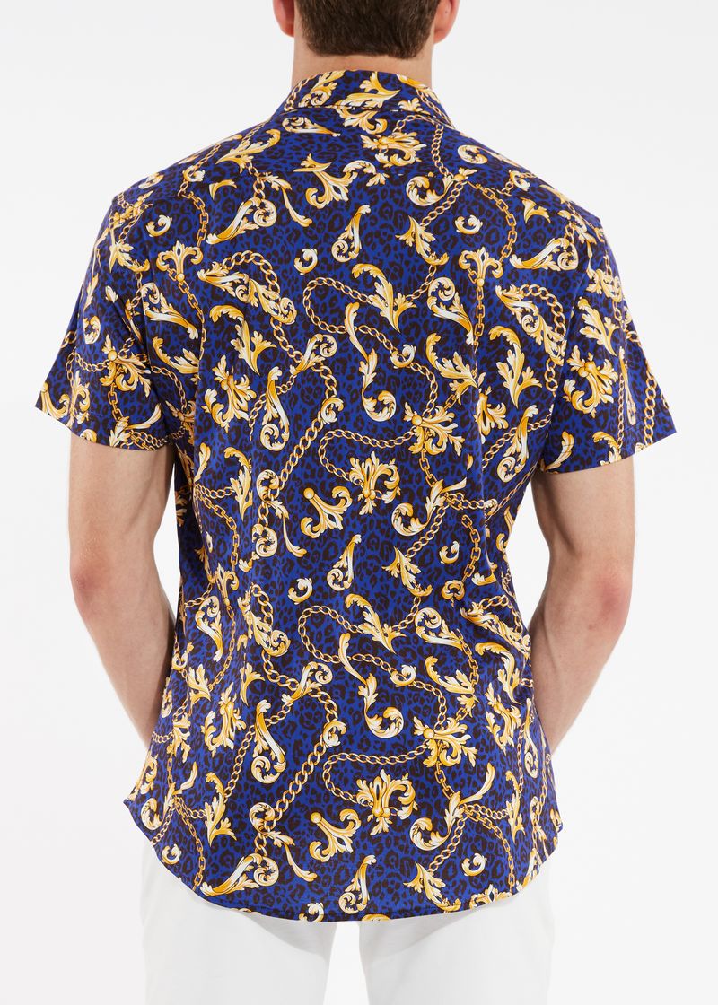 NAVY/GOLD LEOPARD CHAINS COTTON KNIT SHORT SLEEVE SHIRT ST-9231-Final Sale