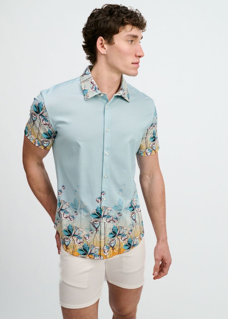 TEAL/OCEAN FLORAL ENGINEERED BORDER PRINT COTTON KNIT JERSEY SHORT SLEEVE SHIRT ST-9352