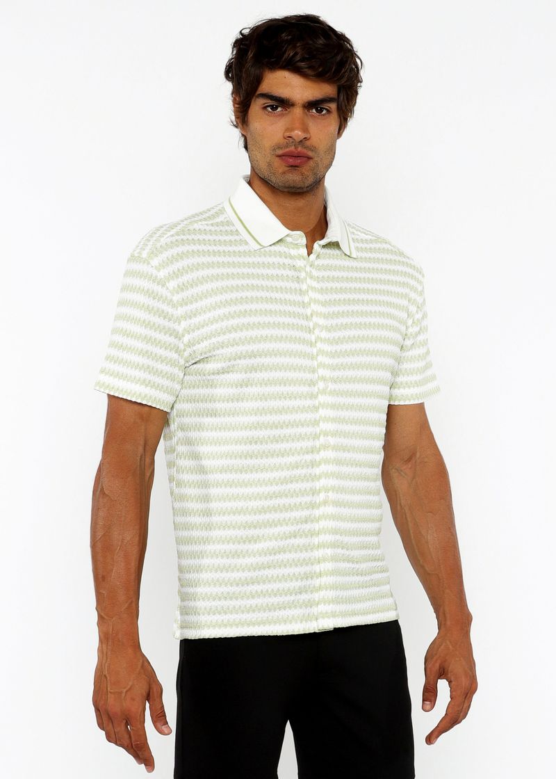 SPEARMINT/WHITE STRETCH OPEN KNIT STRIPES SHORT SLEEVE SHIRT W/ RIB COLLAR ST-24069