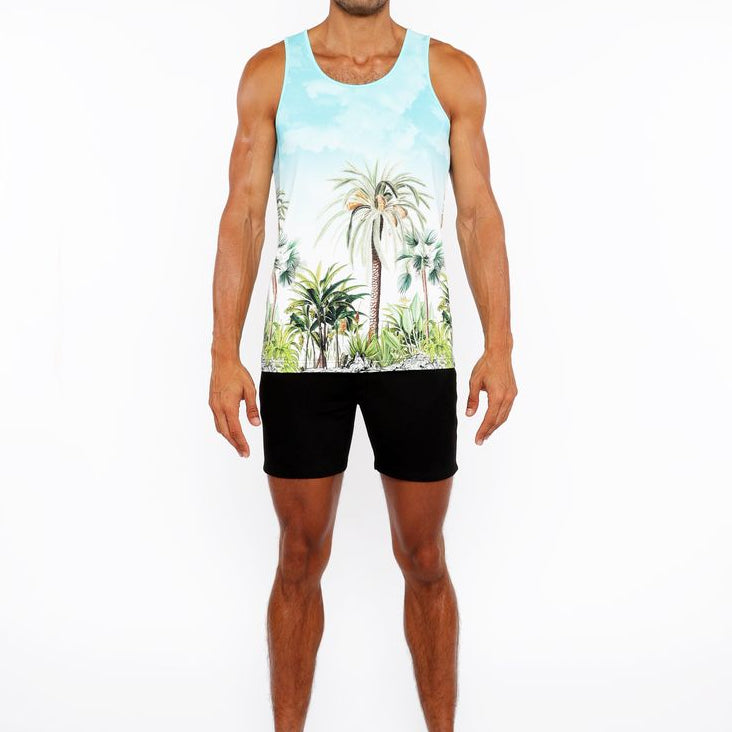 TEAL/GREEN PALM TREES PRINTED STRETCH MESH TANK TOP ST-11136