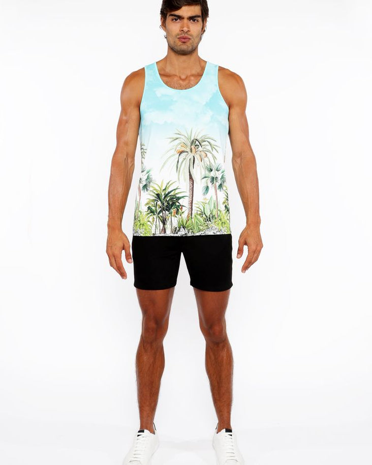 TEAL/GREEN PALM TREES PRINTED STRETCH MESH TANK TOP ST-11136
