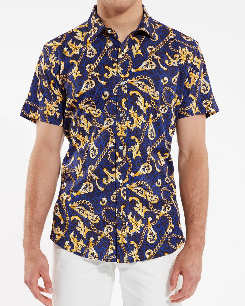 NAVY/GOLD LEOPARD CHAINS COTTON KNIT SHORT SLEEVE SHIRT ST-9231-Final Sale