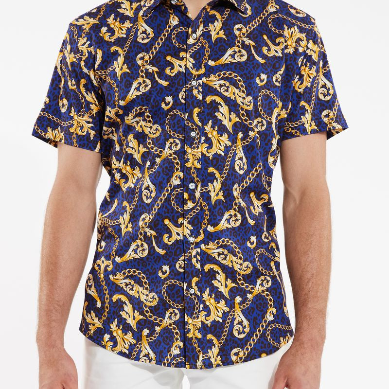 NAVY/GOLD LEOPARD CHAINS COTTON KNIT SHORT SLEEVE SHIRT ST-9231-Final Sale
