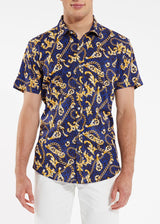 NAVY/GOLD LEOPARD CHAINS COTTON KNIT SHORT SLEEVE SHIRT ST-9231-Final Sale