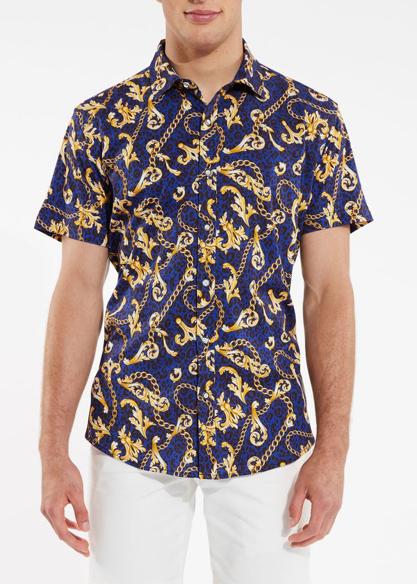 NAVY/GOLD LEOPARD CHAINS COTTON KNIT SHORT SLEEVE SHIRT ST-9231-Final Sale