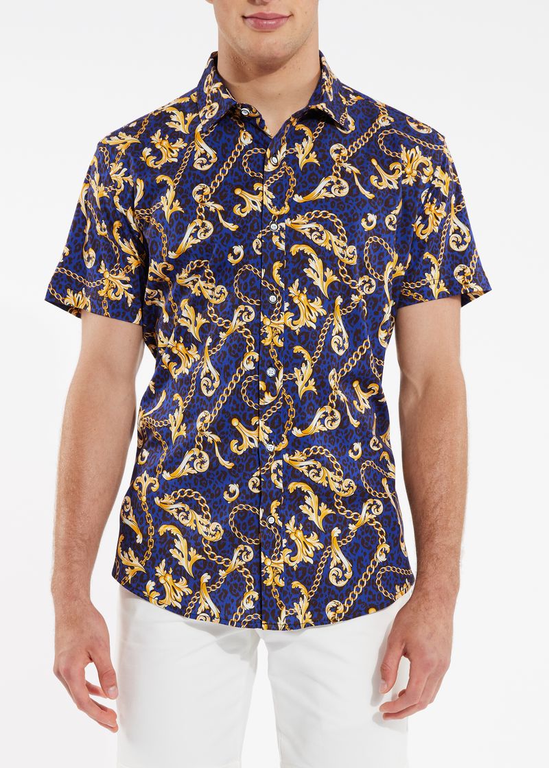 NAVY/GOLD LEOPARD CHAINS COTTON KNIT SHORT SLEEVE SHIRT ST-9231-Final Sale