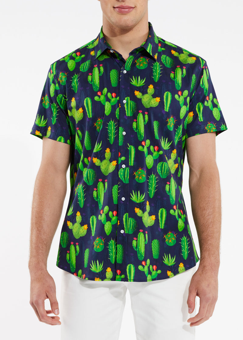 NAVY GREEN CACTUS COTTON KNIT SHORT SLEEVE SHIRT ST-9237-Final Sale