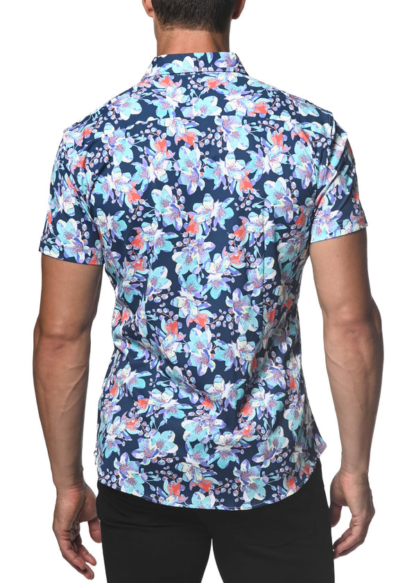 ICE BLUE/NAVY FLORAL STRETCH JERSEY KNIT SHORT SLEEVE SHIRT  ST-9258