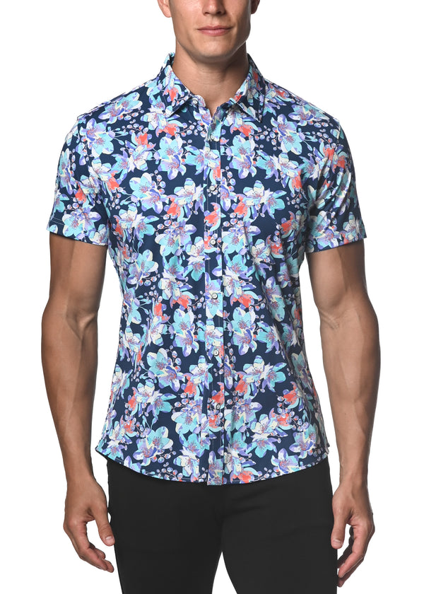 ICE BLUE/NAVY FLORAL STRETCH JERSEY KNIT SHORT SLEEVE SHIRT  ST-9258