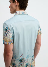 TEAL/OCEAN FLORAL ENGINEERED BORDER PRINT COTTON KNIT JERSEY SHORT SLEEVE SHIRT ST-9352