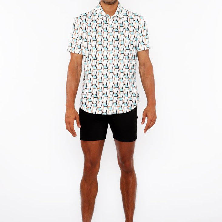 STALK/OCHRE 3D BOXES PRINTED OPEN KNIT STRETCH SHORT SLEEVE SHIRT ST-48073