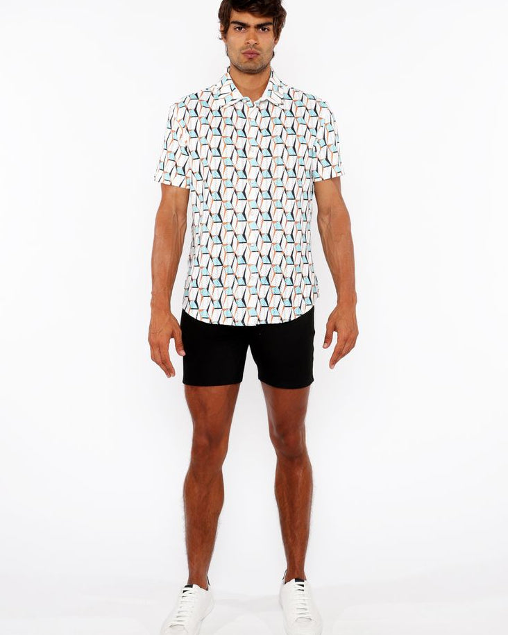 STALK/OCHRE 3D BOXES PRINTED OPEN KNIT STRETCH SHORT SLEEVE SHIRT ST-48073