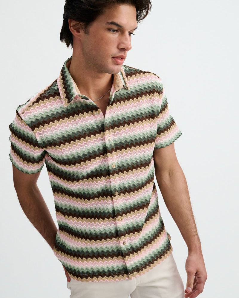 FOREST/MOSS OPEN KNIT STRETCH CHEVRON SHORT SLEEVE SHIRT ST-24078