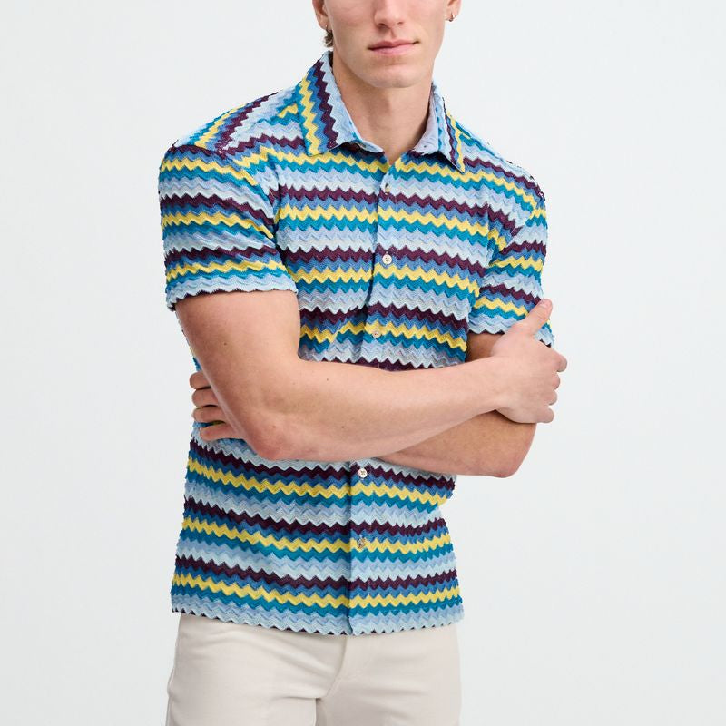 MIRAGE/GOLD OPEN KNIT STRETCH CHEVRON SHORT SLEEVE SHIRT ST-24078