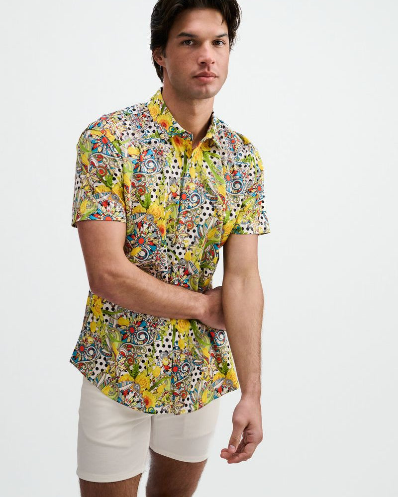 YELLOW/GREEN FLORAL DOTS PRINTED COTTON KNIT JERSEY SHORT SLEEVE SHIRT ST-9365