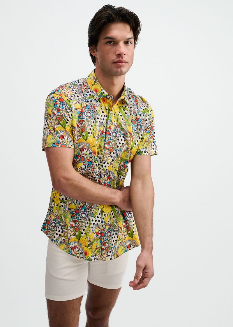 YELLOW/GREEN FLORAL DOTS PRINTED COTTON KNIT JERSEY SHORT SLEEVE SHIRT ST-9365