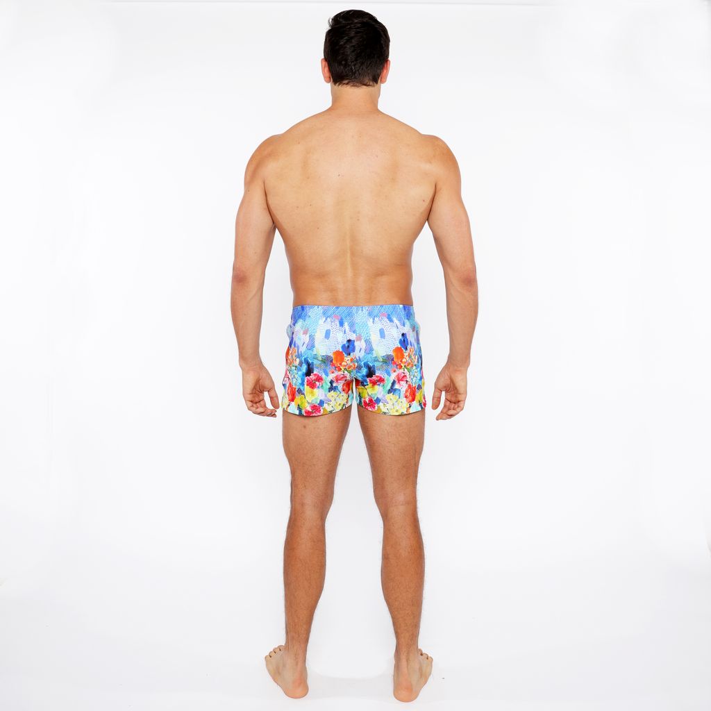 COBALT/MULTI FLORAL ABSTRACT PRINTED SWIM SHORT W/MESH BRIEF LINING ST-8024-04