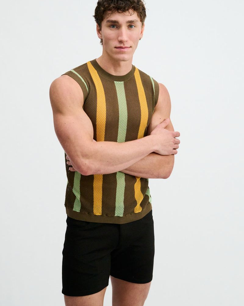 WEED TEXTURED STRIPE OPEN KNIT VEST ST-24311