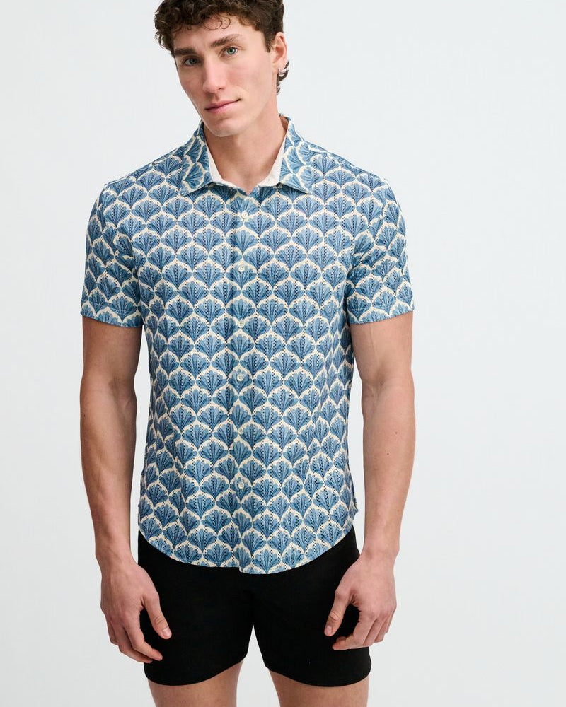 SLATE/BLUE FLORAL PRINTED OPEN KNIT STRETCH SHORT SLEEVE SHIRT ST-48077