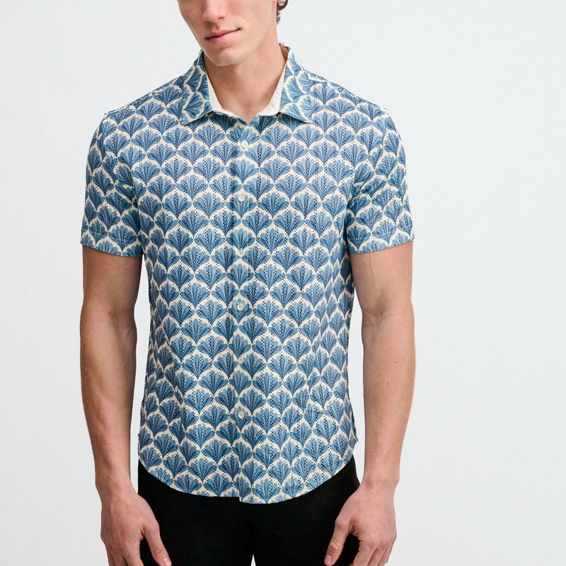 SLATE/BLUE FLORAL PRINTED OPEN KNIT STRETCH SHORT SLEEVE SHIRT ST-48077