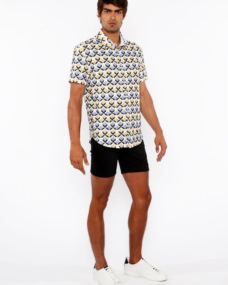 GOLD/SILVER DIAMONDS PRINTED OPEN KNIT STRETCH SHORT SLEEVE SHIRT ST-48071
