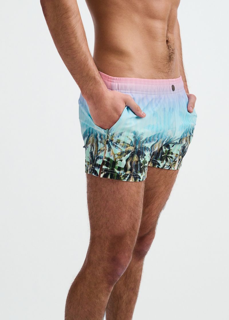 BLUSH/AQUA PALMS PRINTED SWIM SHORTS W/MESH BRIEF LINING ST-8024-12