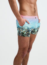 BLUSH/AQUA PALMS PRINTED SWIM SHORTS W/MESH BRIEF LINING ST-8024-12