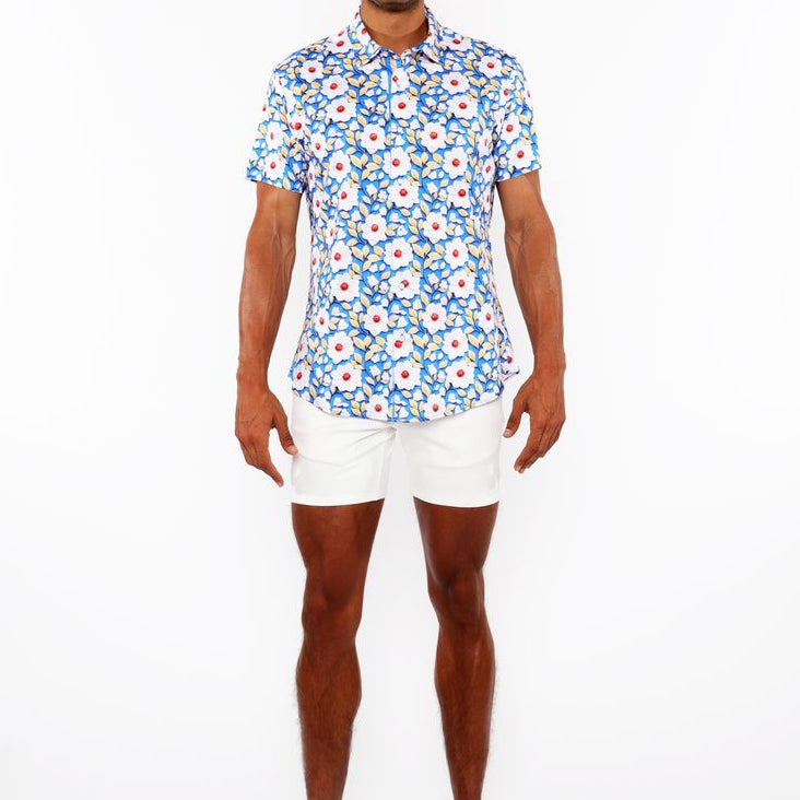 COBALT/GOLD FLORAL 3D PRINT COTTON JERSEY KNIT SHORT SLEEVE SHIRT W/CONTRAST STRIPE PLACKET ST-9326