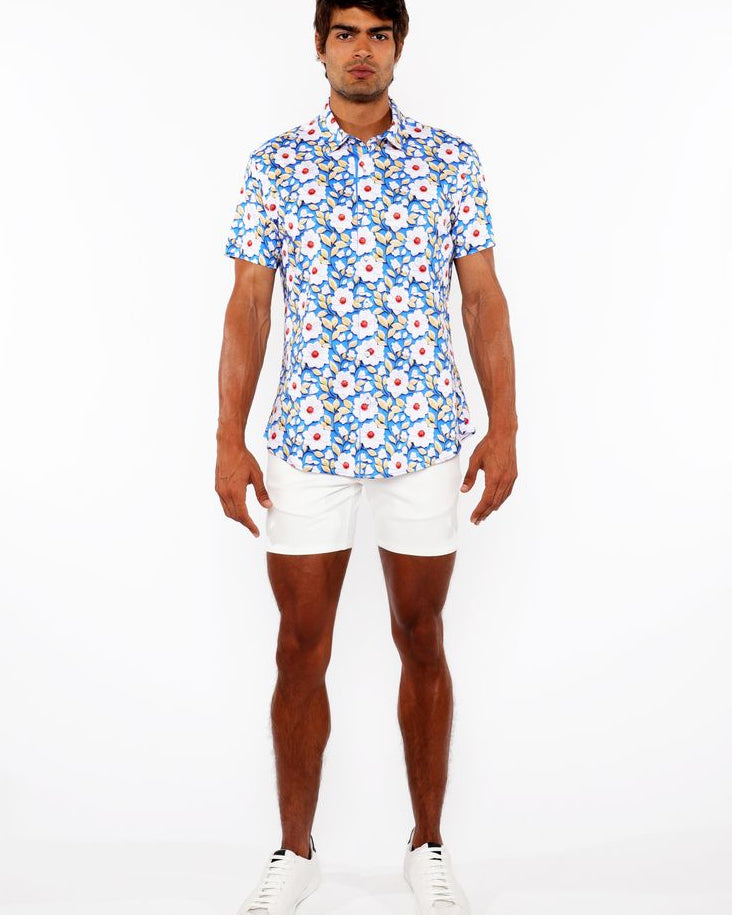 COBALT/GOLD FLORAL 3D PRINT COTTON JERSEY KNIT SHORT SLEEVE SHIRT W/CONTRAST STRIPE PLACKET ST-9326
