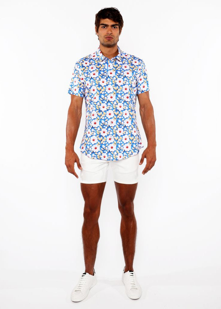 COBALT/GOLD FLORAL 3D PRINT COTTON JERSEY KNIT SHORT SLEEVE SHIRT W/CONTRAST STRIPE PLACKET ST-9326