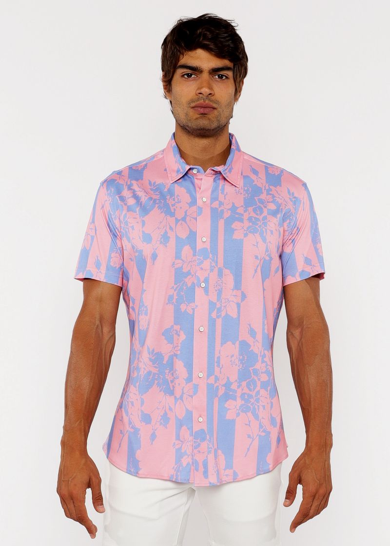 PEACH/BLUE STRIPE PRINTED COTTON KNIT JERSEY SHORT SLEEVE SHIRT ST-9337