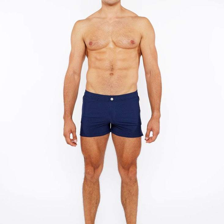 NAVY PINSTRIPE SWIM SHORT W/MESH BRIEF LINING ST-8024-07