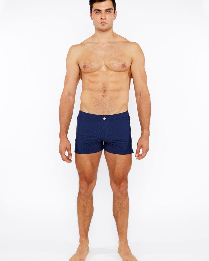 NAVY PINSTRIPE SWIM SHORT W/MESH BRIEF LINING ST-8024-07