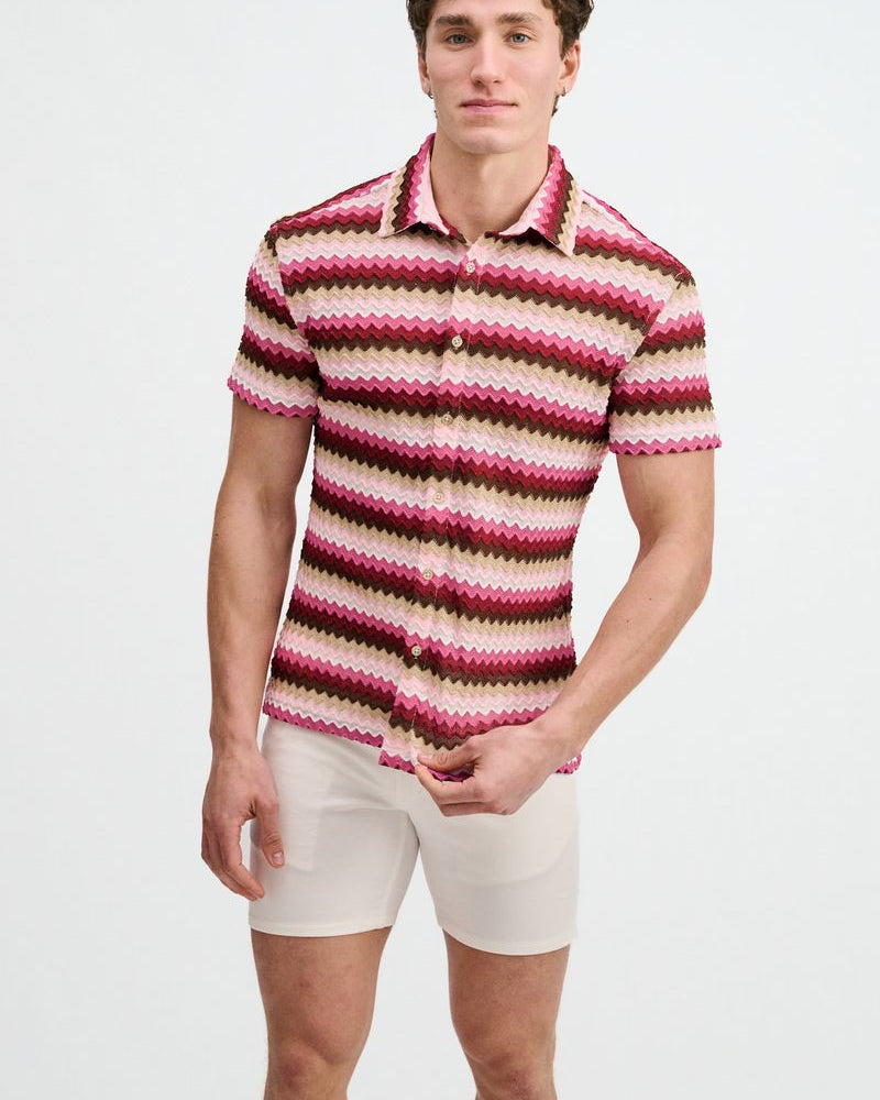 CARMINE/MERLOT OPEN KNIT STRETCH CHEVRON SHORT SLEEVE SHIRT ST-24078