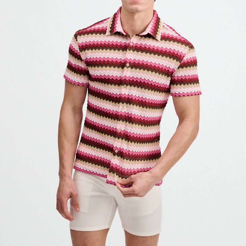 CARMINE/MERLOT OPEN KNIT STRETCH CHEVRON SHORT SLEEVE SHIRT ST-24078