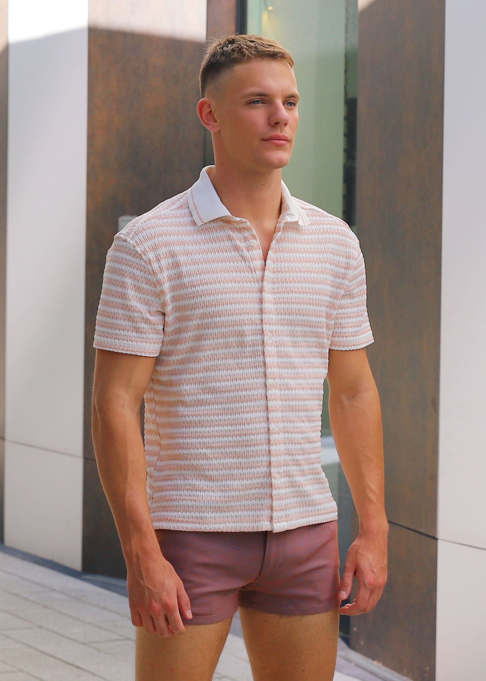 Parfait/White Stretch Open Knit Stripes Shirt