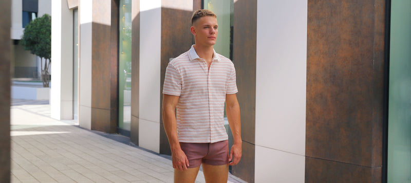 PARFAIT/WHITE STRETCH OPEN KNIT STRIPES SHORT SLEEVE SHIRT W/ RIB COLLAR ST-24069