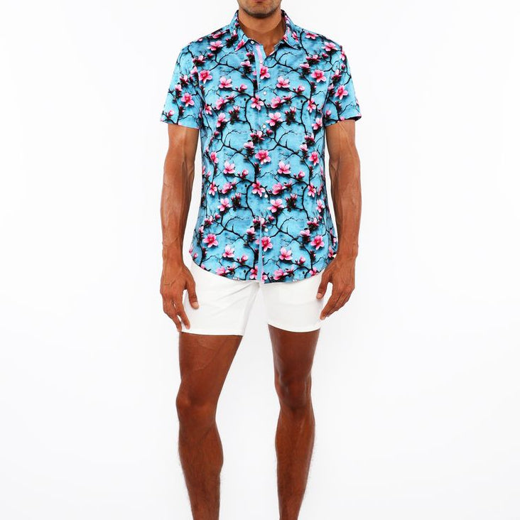 TEAL/CHERRY BLOSSOMS 3D PRINT COTTON JERSEY KNIT SHORT SLEEVE SHIRT W/CONTRAST STRIPE PLACKET ST-9329