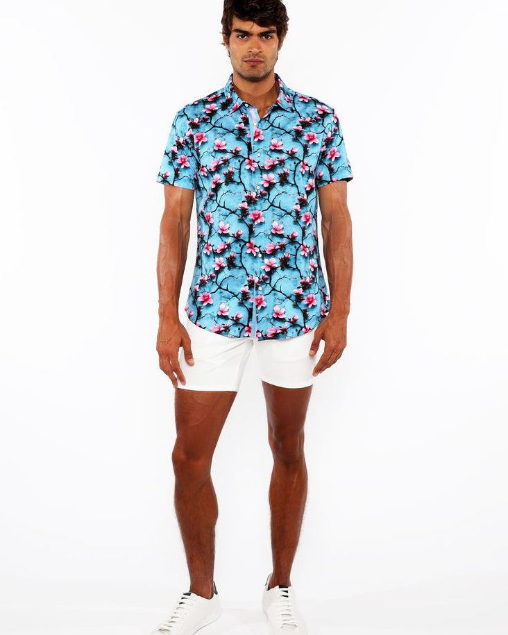 TEAL/CHERRY BLOSSOMS 3D PRINT COTTON JERSEY KNIT SHORT SLEEVE SHIRT W/CONTRAST STRIPE PLACKET ST-9329