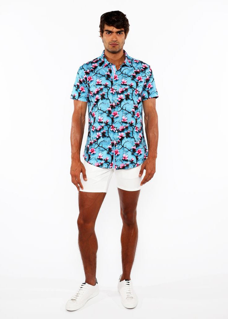 TEAL/CHERRY BLOSSOMS 3D PRINT COTTON JERSEY KNIT SHORT SLEEVE SHIRT W/CONTRAST STRIPE PLACKET ST-9329