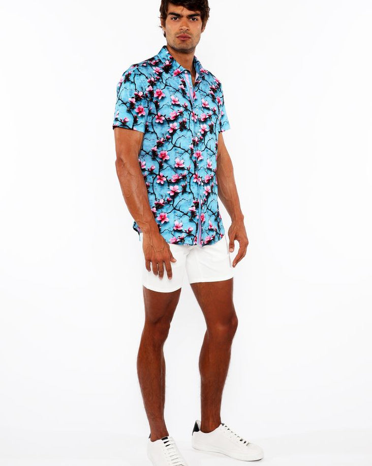 TEAL/CHERRY BLOSSOMS 3D PRINT COTTON JERSEY KNIT SHORT SLEEVE SHIRT W/CONTRAST STRIPE PLACKET ST-9329