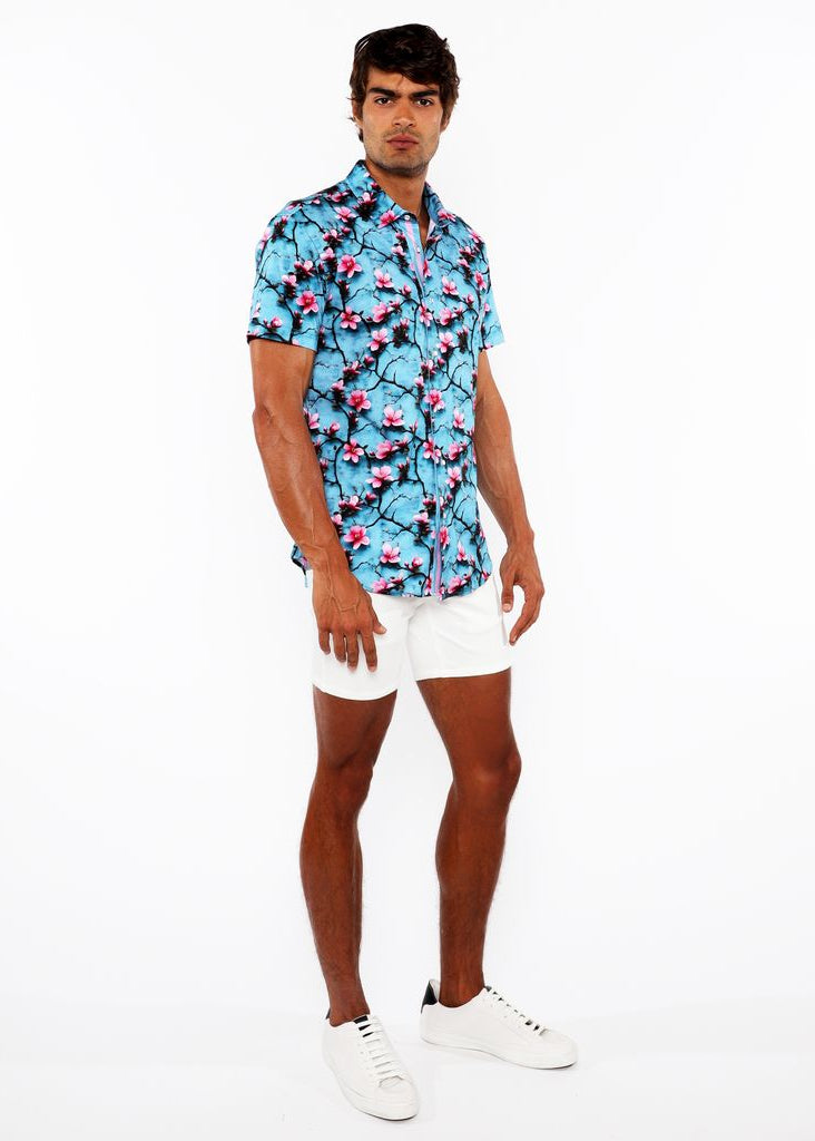 TEAL/CHERRY BLOSSOMS 3D PRINT COTTON JERSEY KNIT SHORT SLEEVE SHIRT W/CONTRAST STRIPE PLACKET ST-9329