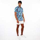 TEAL/CHERRY BLOSSOMS 3D PRINT COTTON JERSEY KNIT SHORT SLEEVE SHIRT W/CONTRAST STRIPE PLACKET ST-9329