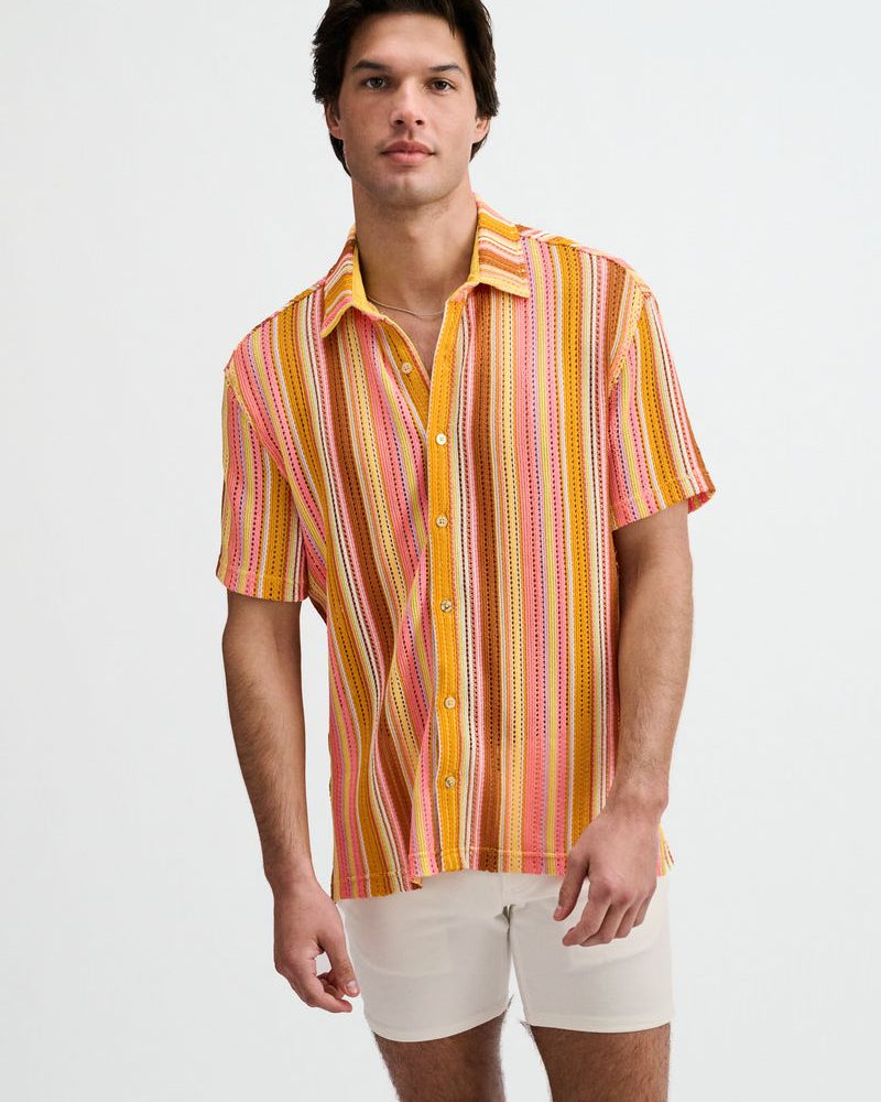 SORBET/CORAL VERTICAL STRIPE OPEN KNIT SHORT SLEEVE SHIRT ST-24073