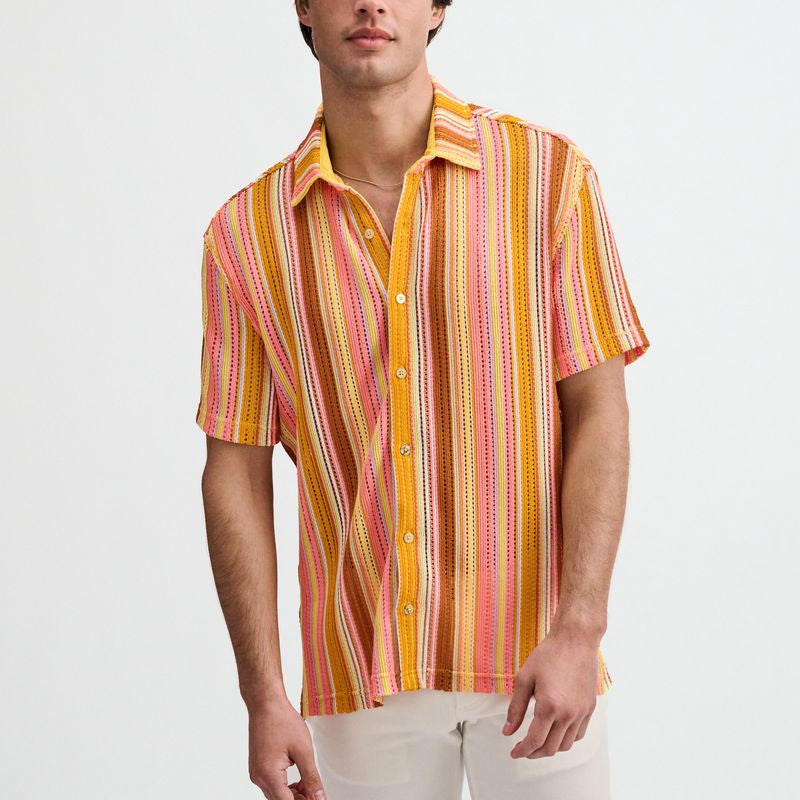 SORBET/CORAL VERTICAL STRIPE OPEN KNIT SHORT SLEEVE SHIRT ST-24073