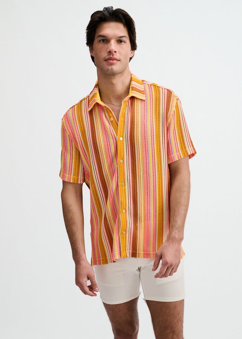 SORBET/CORAL VERTICAL STRIPE OPEN KNIT SHORT SLEEVE SHIRT ST-24073
