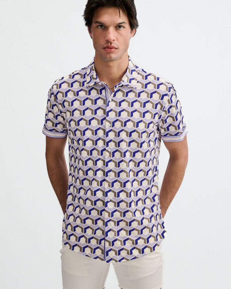 BLUEBERRY/THISTLE HEX PRINTED PERFORMANCE STRETCH SHORT SLEEVE SHIRT W/PLACKET DETAIL ST-26029