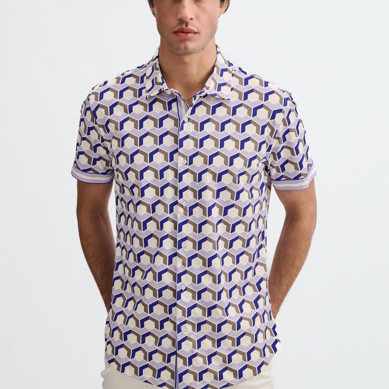 BLUEBERRY/THISTLE HEX PRINTED PERFORMANCE STRETCH SHORT SLEEVE SHIRT W/PLACKET DETAIL ST-26029