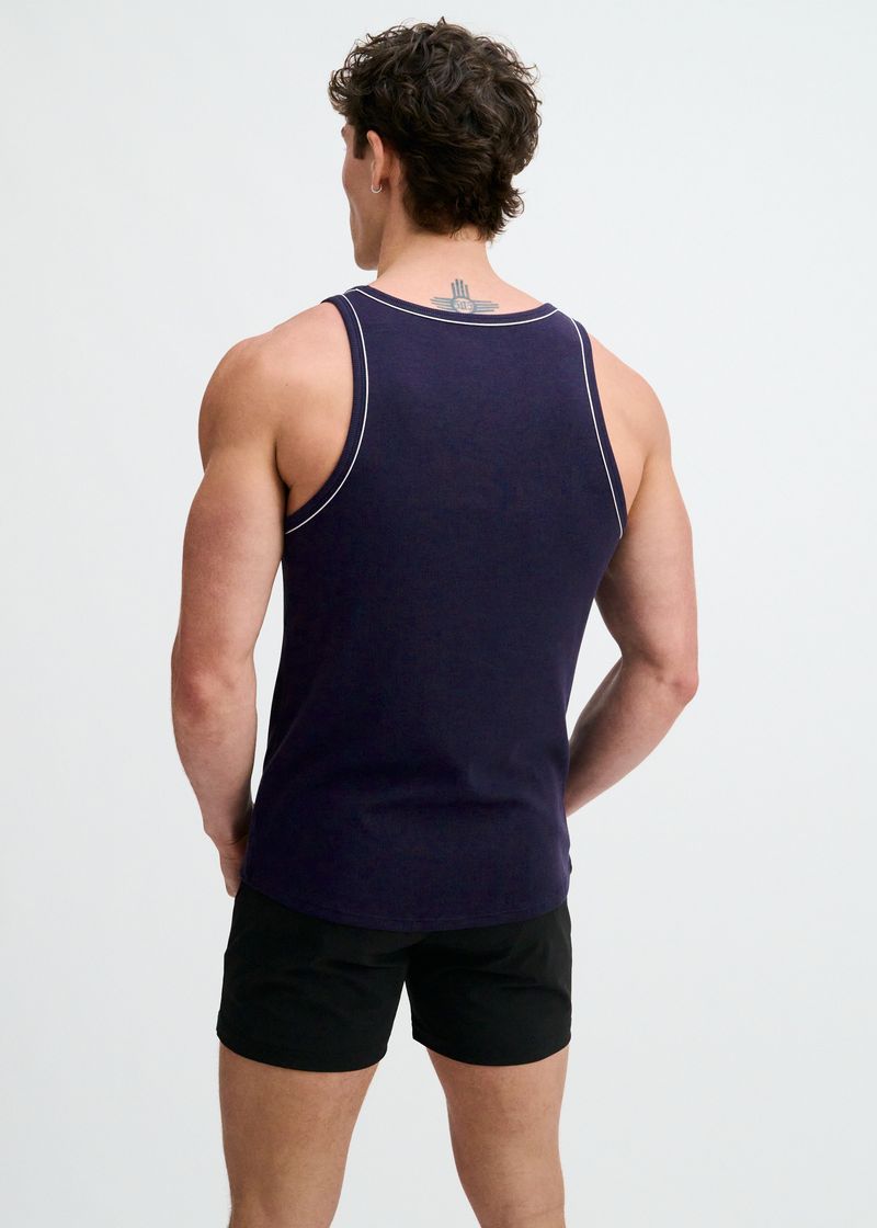NAVY/WHITE RIB STRETCH COTTON/TENCEL TANK W/FINE PIPING DETAIL STA-16011