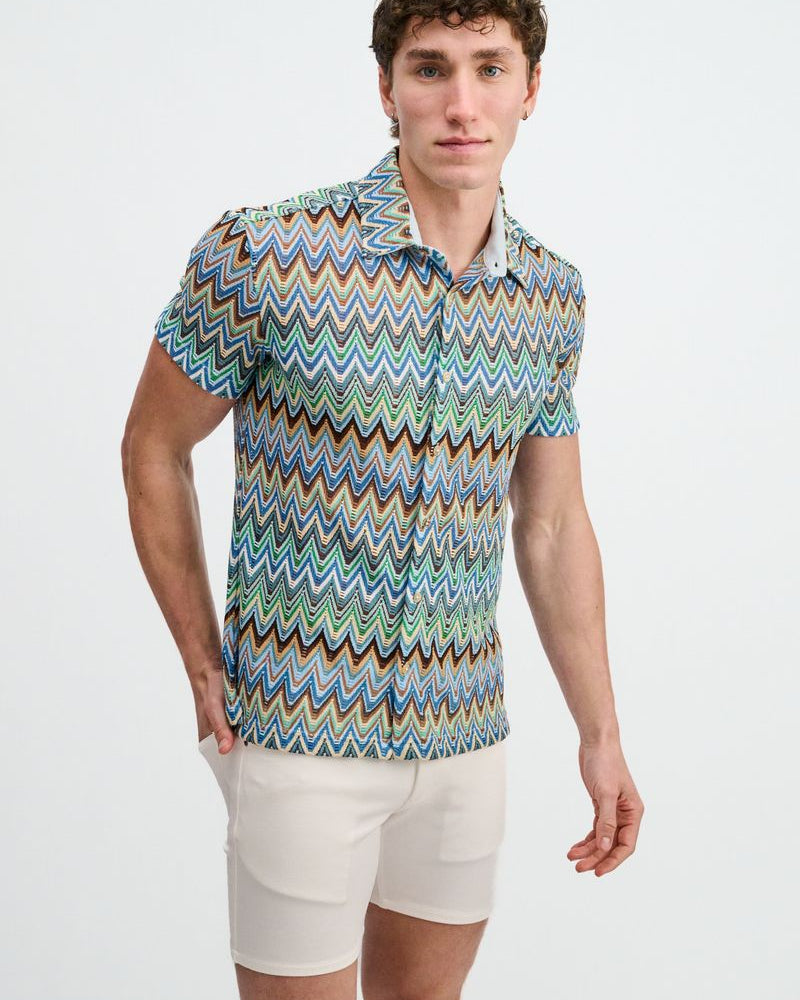 COBALT/SKY OPEN KNIT STRETCH CHEVRON SHORT SLEEVE SHIRT ST-24079